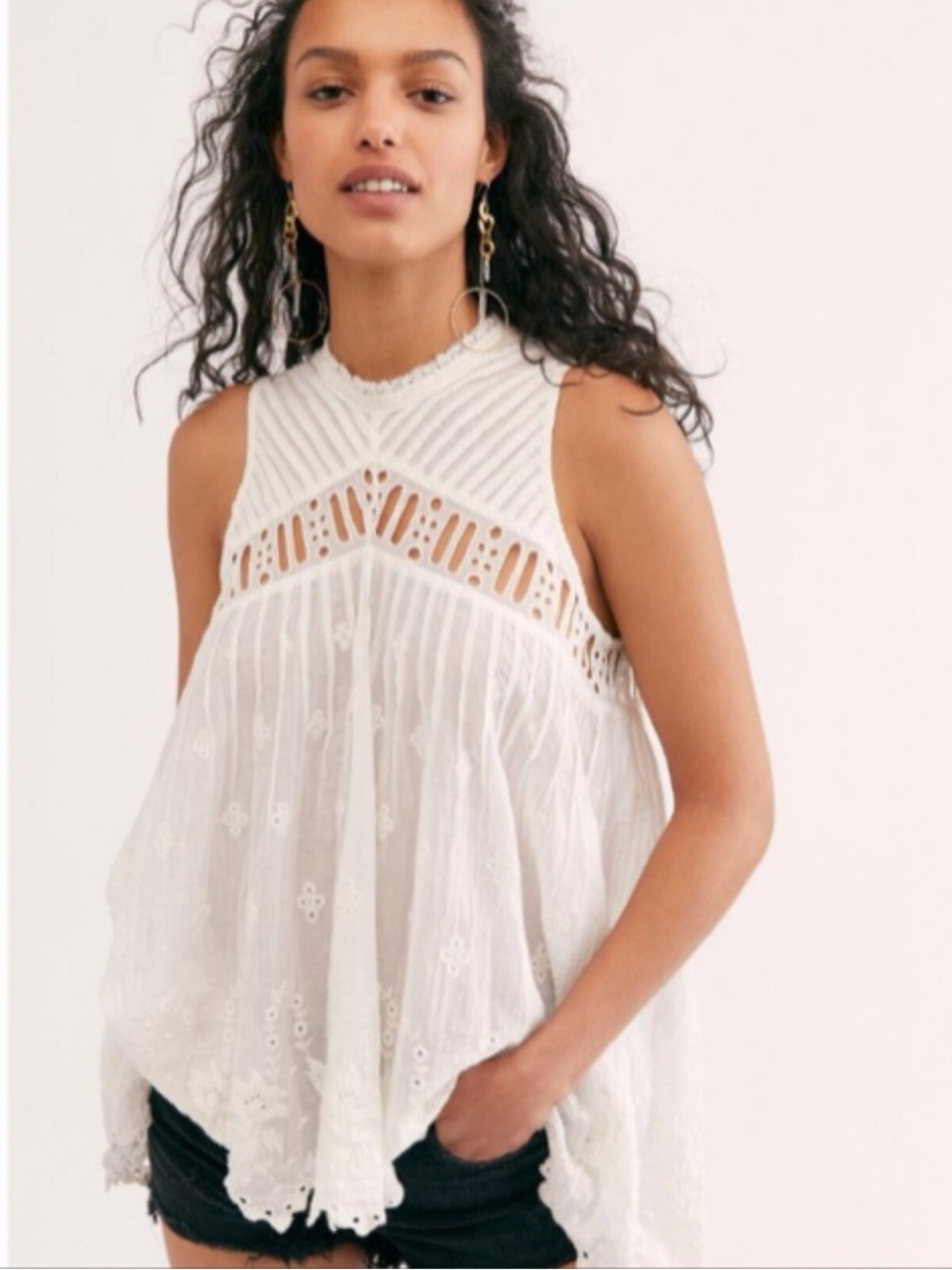 Free People Fp One Eloise Boho Embroidered Lace Tunic Tank Top Ivory